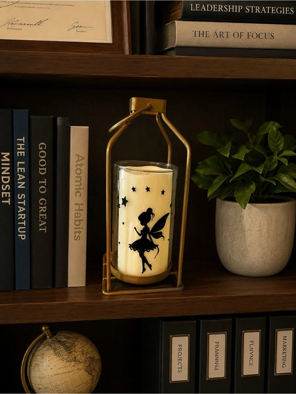 Gold Metal Lantern with Fairy Candle - Cream battery operated Candle